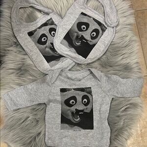 NWOT Mini Elevenparis Gray Panda Print Baby Bib (2) and Long Sleeve Shirt 3Month